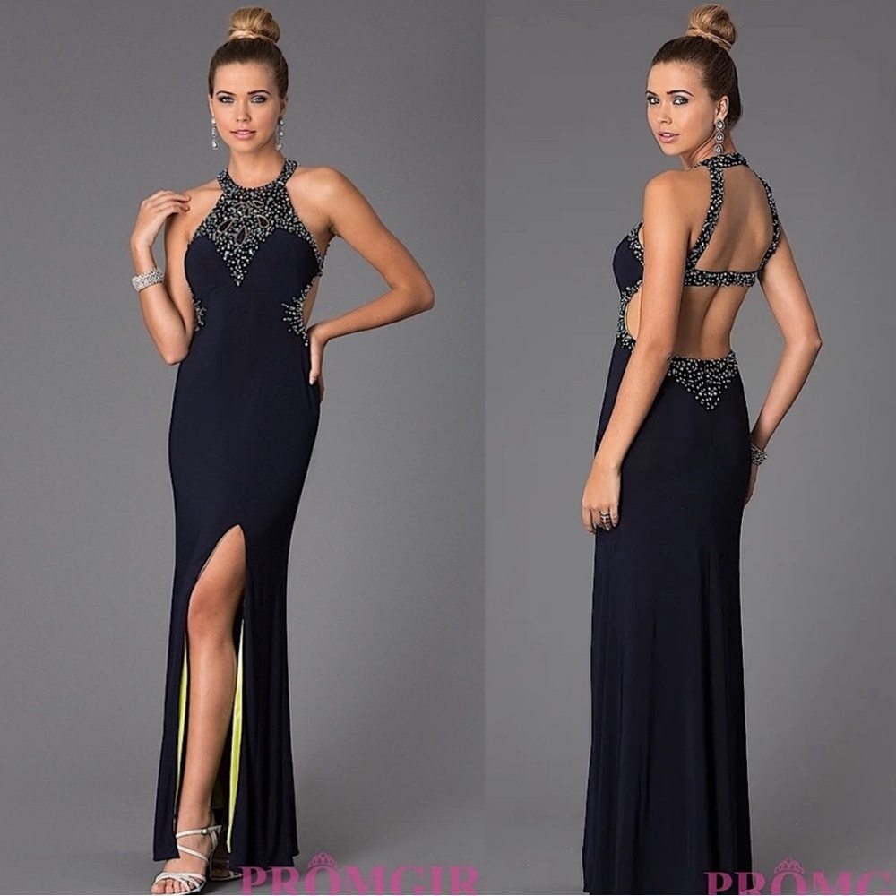 Betsey and Adam Navy Blue Yellow Beaded Maxi Dress Size 2